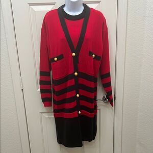 AMilano Collection Red Black Cardigan Sweater Dress Sz Large Long Sleeve Stripes